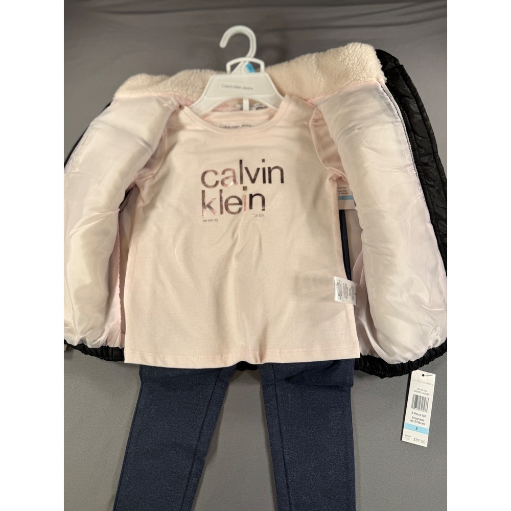 NWT Calvin Klein Jeans Girls 3-Piece Set Puffer Vest Pink Shirt Leggings Size 5